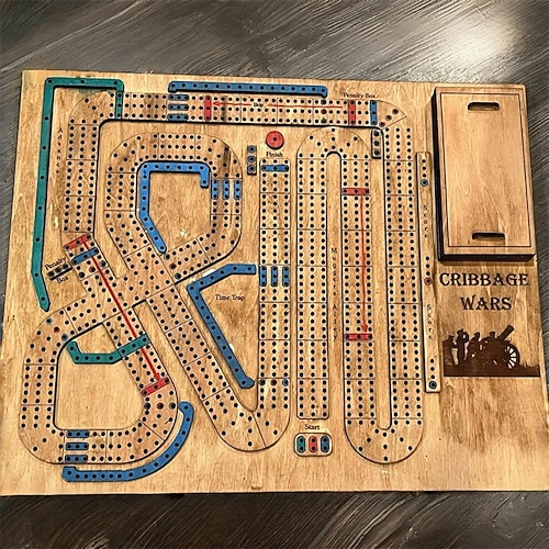 Cribbage Wars Brettspiel 2025 neues Holz Cribbage Set mit Spaß-Drehungen Zeitverzerrungen Fallen familienfreundliches traditionelles Spiel mit Aufbewahrung für Karten und Spielsteine