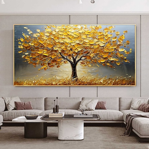 handgemachtes original goldenes Ölgemälde Lebensbaum auf Leinwand abstrakte Textur florale Wandkunst für Wohndekoration mit gespanntem Rahmen/ohne Innenrahmen Gemälde Image