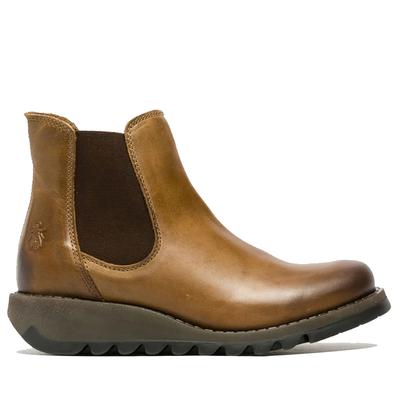 Fly London Damen SALV Chelsea-Stiefel aus Leder in Kamel mit Keilabsatz