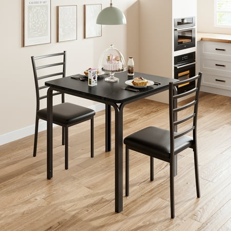 Homhougo Dining Table Set for 2 Kitchen Table and Chairs Square Wooden Tabletop Dining Room Table Set with 2 Upholstered Chairs 3 Piece Dining Table Set for Small Spaces Apartment Black