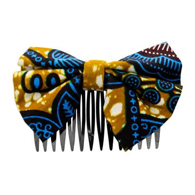 Blue Foliage,'Blue and Caramel Cotton Bow and Recycled Plastic Hair Comb'