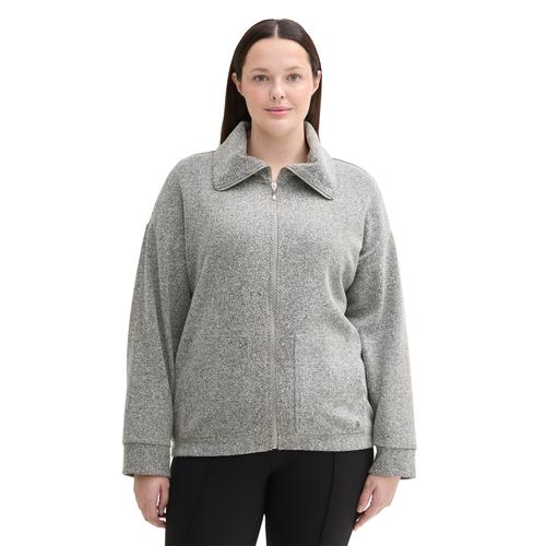 Sweatjacke TOM TAILOR PLUS Gr. 46, grau (grey heringbone boucle) Damen Sweatjacken mit Fischgrätenmuster