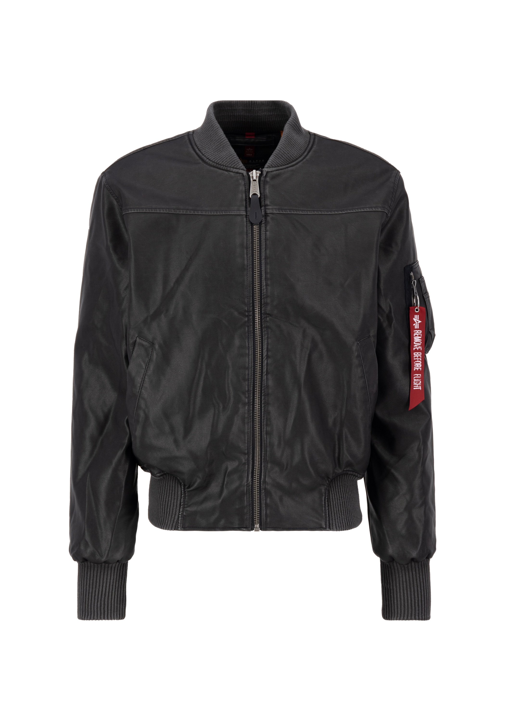Bomberjacke ALPHA INDUSTRIES "MA-1 Faux Leather Vintage", Herren, Gr. M, schwarz, Obermaterial: 100% Polyurethan, Futter: 100% Nylon, Füllung: 100% Polyester, Jacken Bomberjacke