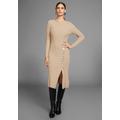 Strickkleid HECHTER PARIS, Damen, Gr. 40, N-Gr, beige (beige, melange), Rippstrick, Obermaterial: 50% Viskose, 28% Polyester, 22% Polyamid, gestreift, feminin, figurbetont wadenlang, Rundhals, Langarm, Kleider, mit Zierknopfleiste