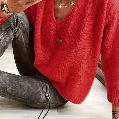 TEMU Women's Elegant V-neck Sweater - Soft Medium-stretch, Vibrant Orange Solid Color, Spring/fall Casual & Dressy Versatile Top, Ladies Sweaters, Everyday , Sophisticated Knitwear, Image