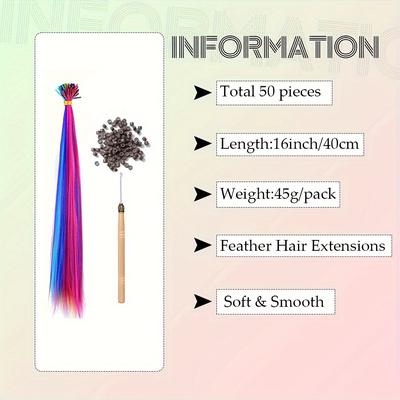 TEMU 16 Inch Rainbow Hair Extension Kit With Crochet Hook And Ring Synthetic Color, Stick Stick Hair Extension, Women's With Microbeads, Ladies Cosplay Dress Up Party Highlights