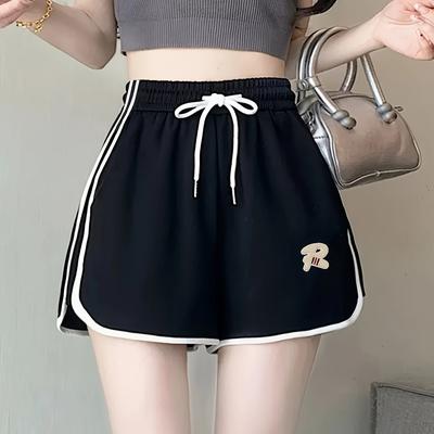 TEMU Polyester Letter Embroidered Women's Athletic Shorts - 3/4 Length, Elastic Waist, And Contrast Edging