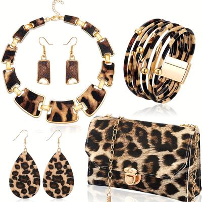 TEMU 5-piece Leopard Print Jewelry Set For Women - Statement Earrings, Bracelets, Necklace With Tassel Pendant, Clutch Purse - Street Style, Daily & Vacation Wear, All Seasons Accessory Kit