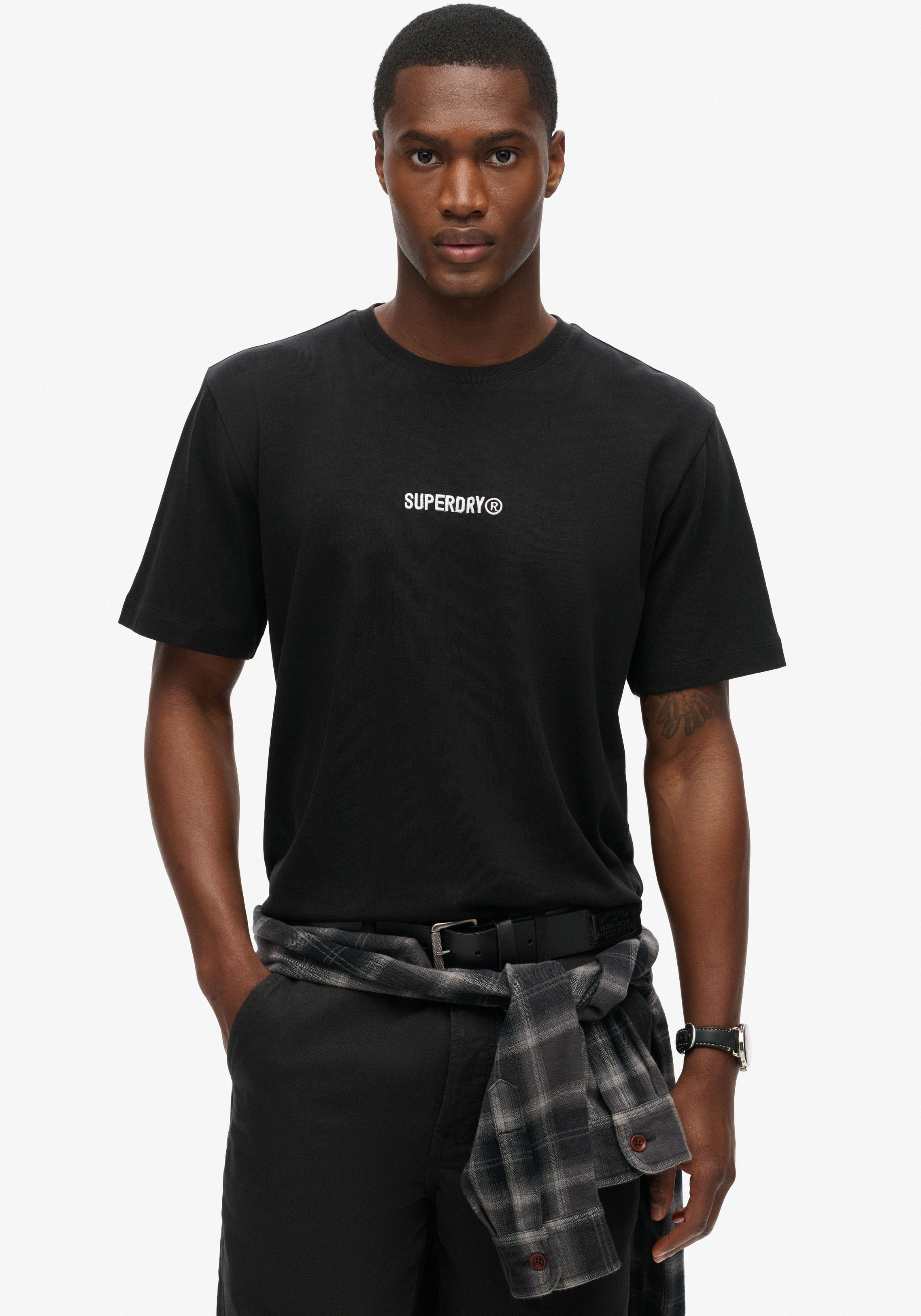 Rundhalsshirt SUPERDRY "MICRO LOGO GRAPHIC LOOSE TEE", Herren, Gr. M, schwarz, Single Jersey, Obermaterial: 100% Baumwolle, bedruckt, loose fit, Rundhals, Shirts Image