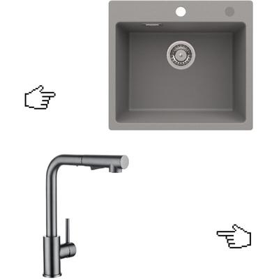 Cecipa Granitspüle 5045cm Küchenspüle Grau+ 31cm Küchenarmatur Grau ausziehbarer Spülbeckenhahn Image