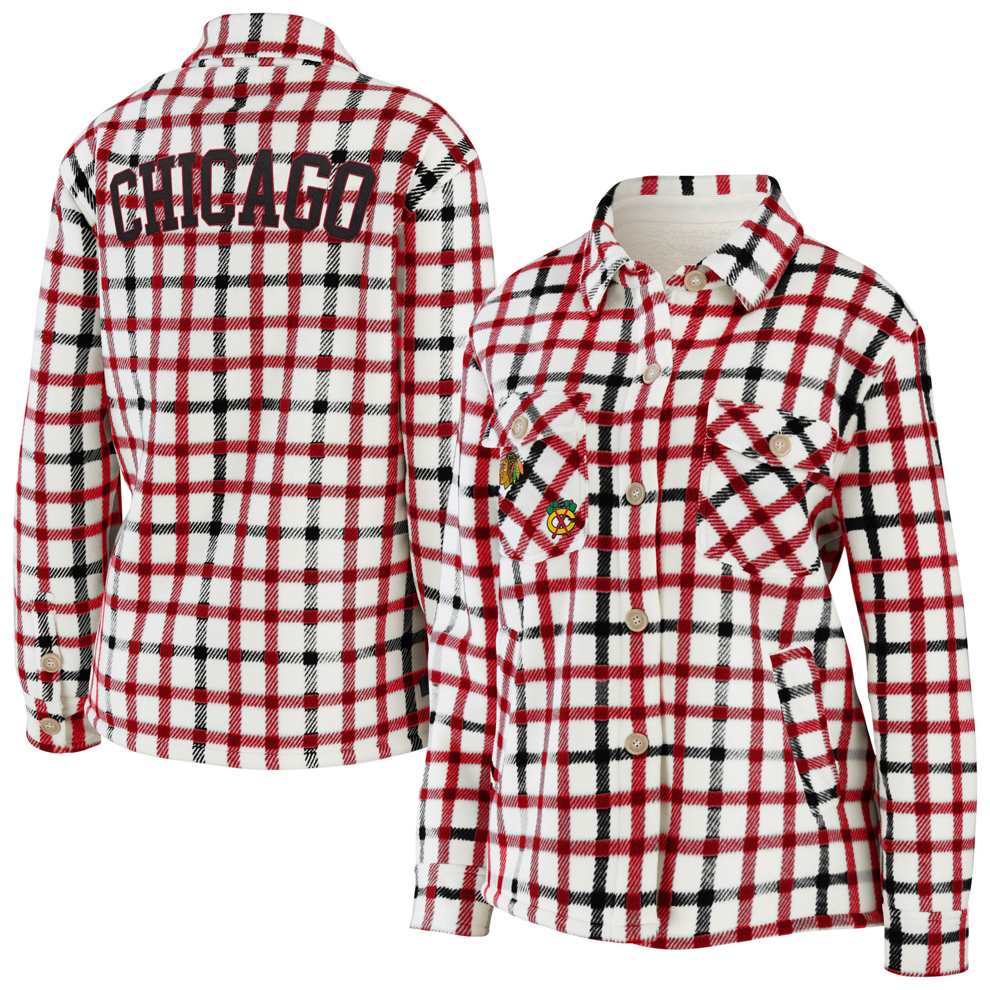 Damen WEAR by Erin Andrews – Oatmeal – Chicago Blackhawks – Karierte Hemdjacke mit Knopfleiste Image