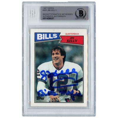 Jim Kelly, Buffalo Bills, signierte 1987 Topps #362, Beckett Fanatics, bezeugte authentifizierte Rookie-Karte mit „BILLS MAFIA“-Aufschrift Image