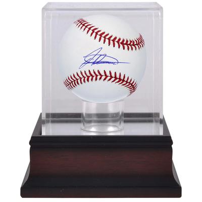 Signierter Baseball von Jasson Dominguez, New York Yankees, und Mahagoni-Baseball-Vitrine Image