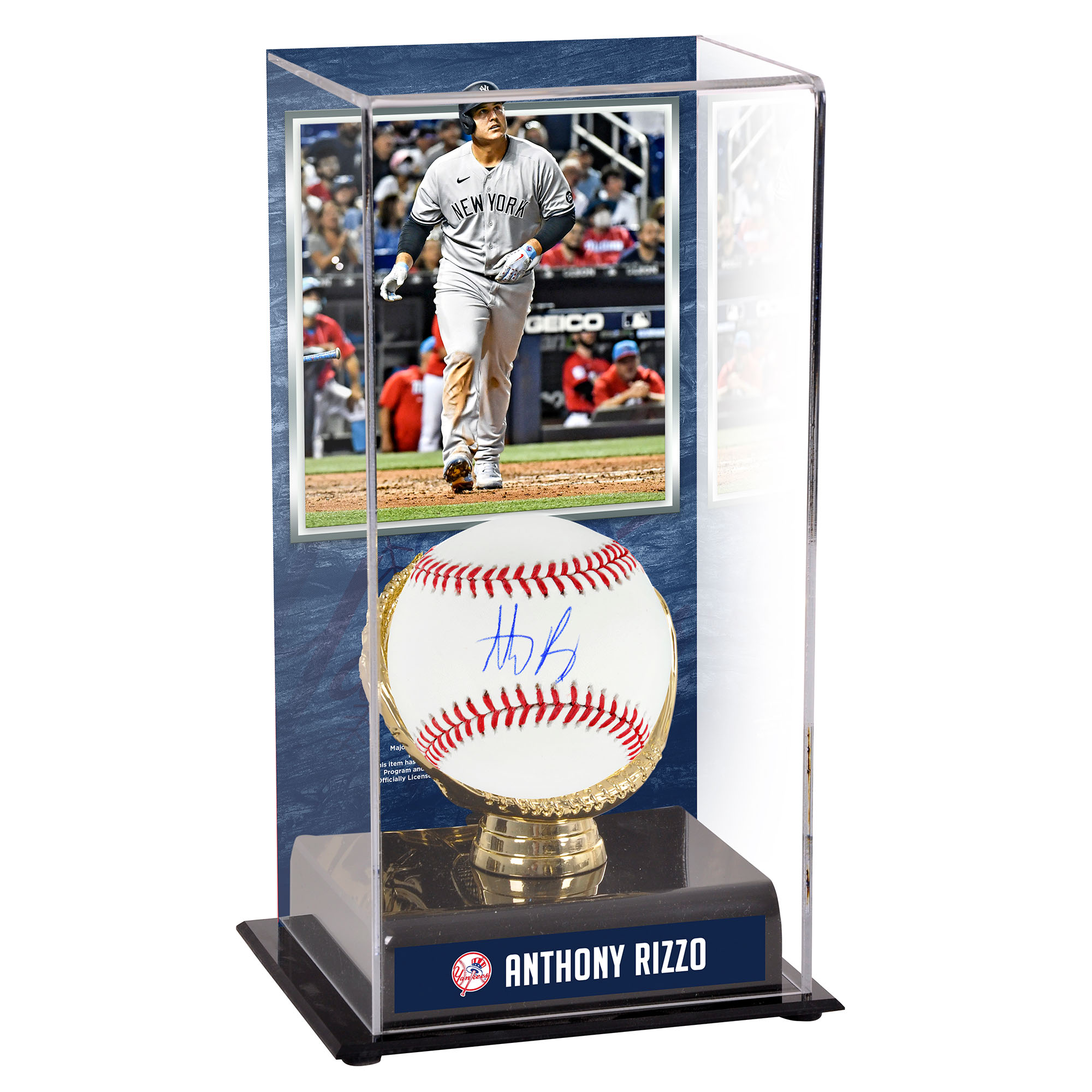 Vitrine mit signiertem Baseball von Anthony Rizzo, New York Yankees, und goldenem Debüthandschuh mit Bild Image