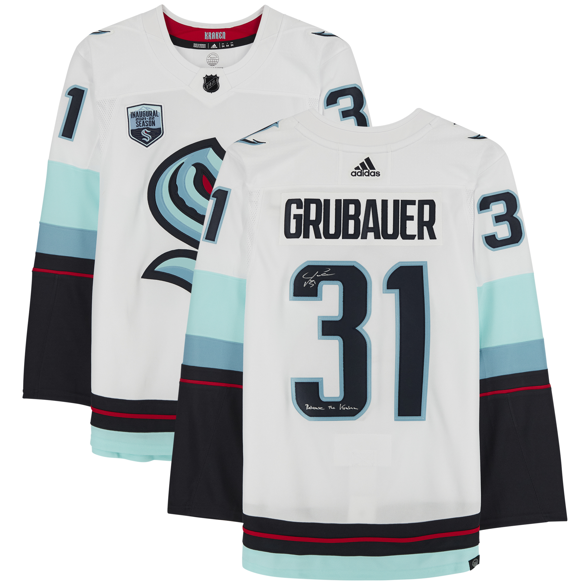 Von Philipp Grubauer signiertes weißes adidas Authentic-Trikot der Seattle Kraken mit der Aufschrift „Release The Kraken“ und einem Trikot-Aufnäher der Eröffnungssaison Image