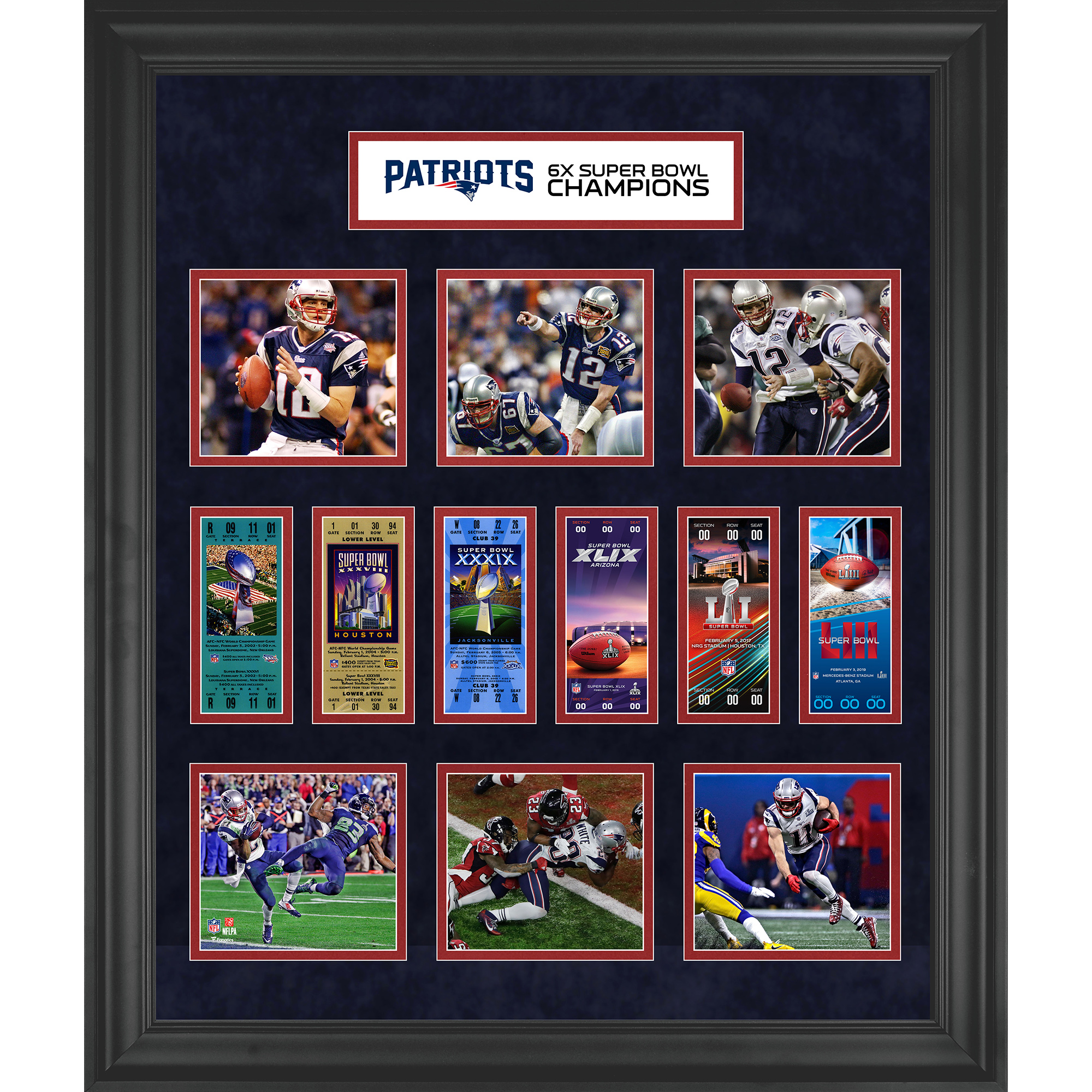 New England Patriots - gerahmte Collage mit Ticket des sechsfachen Super Bowl-Siegers, 58,4 x 68,6 cm Image