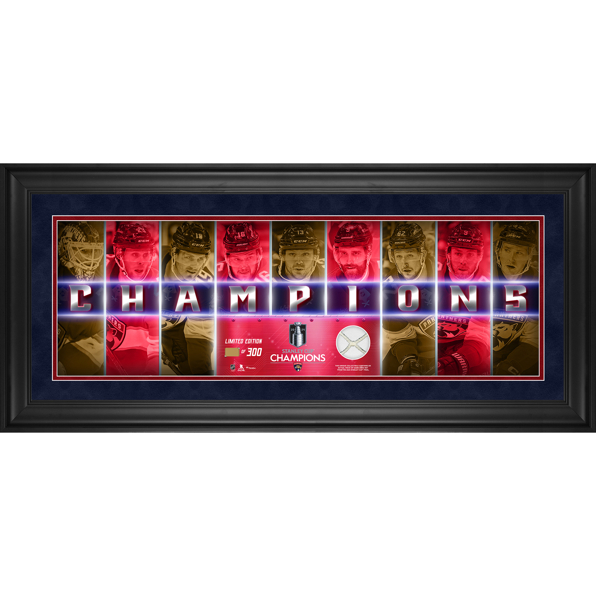 Florida Panthers 2024 Stanley Cup Champions gerahmtes 10" x 30" Champions-Panorama mit einem Stück Spielnetz – limitierte Auflage von 300 Image