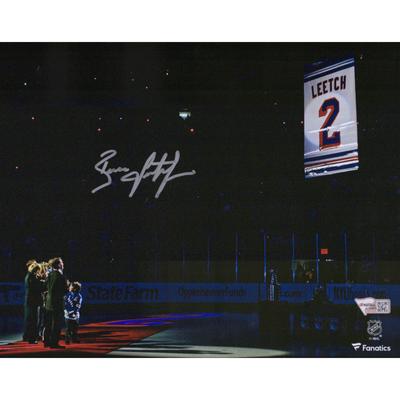 Brian Leetch signiertes 8 x 10 Zoll großes Trikot mit Banner zum Aufstellen beim Ruhestand der New York Rangers Image