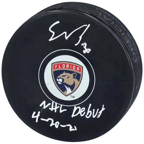 Signierter Hockeypuck der Florida Panthers von Spencer Knight mit der Aufschrift „NHL-Debüt 20.04.21“