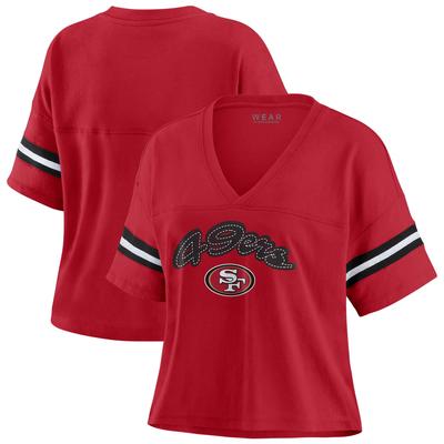 Damen WEAR by Erin Andrews Scarlet San Francisco 49ers T-Shirt mit V-Ausschnitt und Farbblock-Design in Übergröße Image