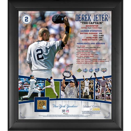 Derek Jeter New York Yankees, gerahmte 15 x 17 Zoll große Hall of Fame-Karriere-Collage mit einer Kapsel aus beim Spiel verwendetem Schmutz – limitierte Auflage von 1000