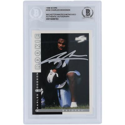 Charles Woodson Oakland Raiders signierte 1998 Score Series 1 Silver Ink #236 Beckett Fanatics bezeugte authentifizierte Rookie-Karte Image
