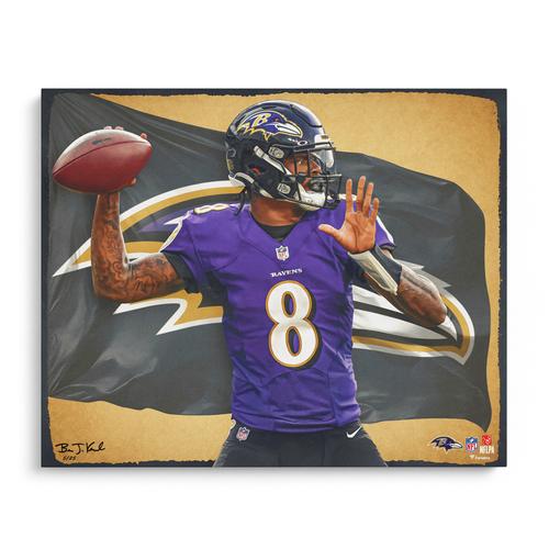 Lamar Jackson Baltimore Ravens Fotodruck, 40,6 x 50,8 cm, entworfen und signiert vom Künstler Brian Konnick, limitierte Auflage 25