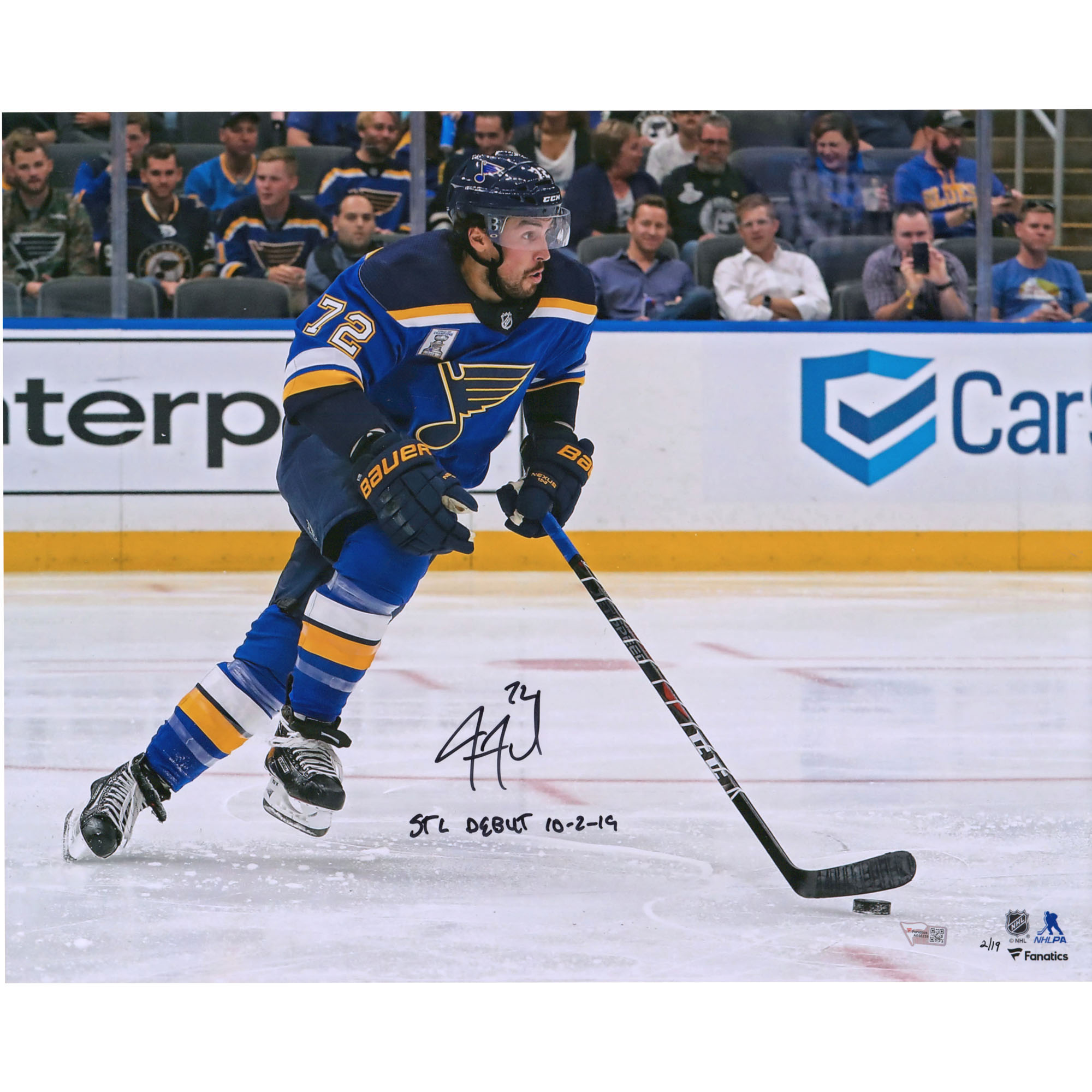 Autogrammfoto von Justin Faulk von den St. Louis Blues (16 x 20 Zoll) mit der Aufschrift „STL Debut 10/2/19“ – limitierte Auflage von 19 Stück Image