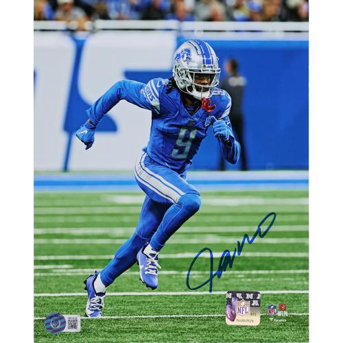 Autogrammfoto der Detroit Lions von Jameson Williams (20,3 x 25,4 cm) mit Laufroute im blauen Trikot