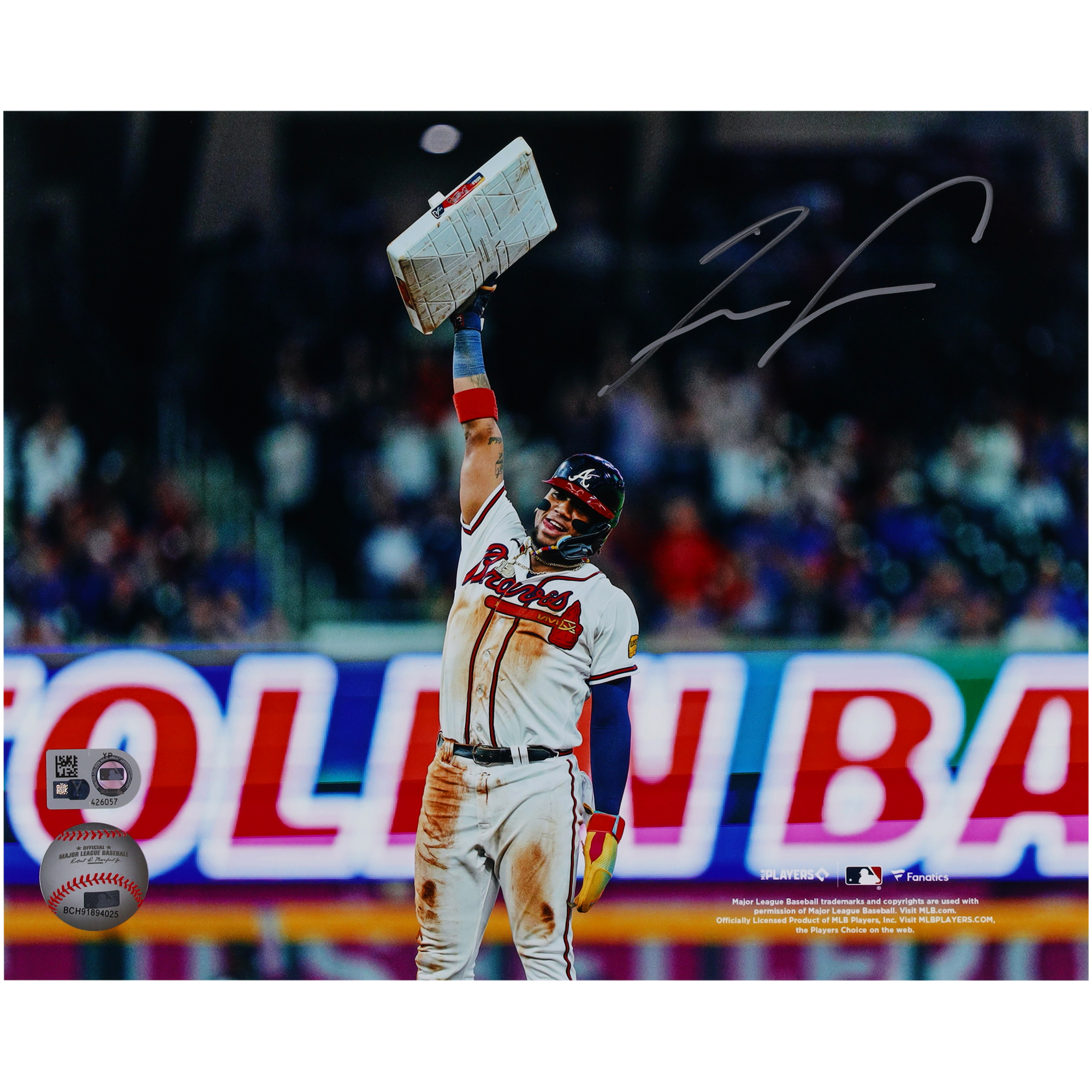 "Ronald Acuña Jr., Atlanta Braves, signiertes 8 x 10 Zoll großes Foto mit Standfuß"