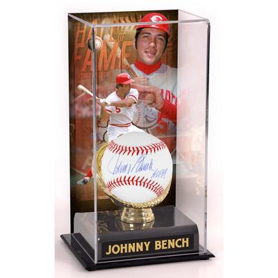 Signierter Baseball von Johnny Bench, Cincinnati Reds, mit „HOF 89“-Inschrift und sublimierter Hall of Fame-Vitrine Image