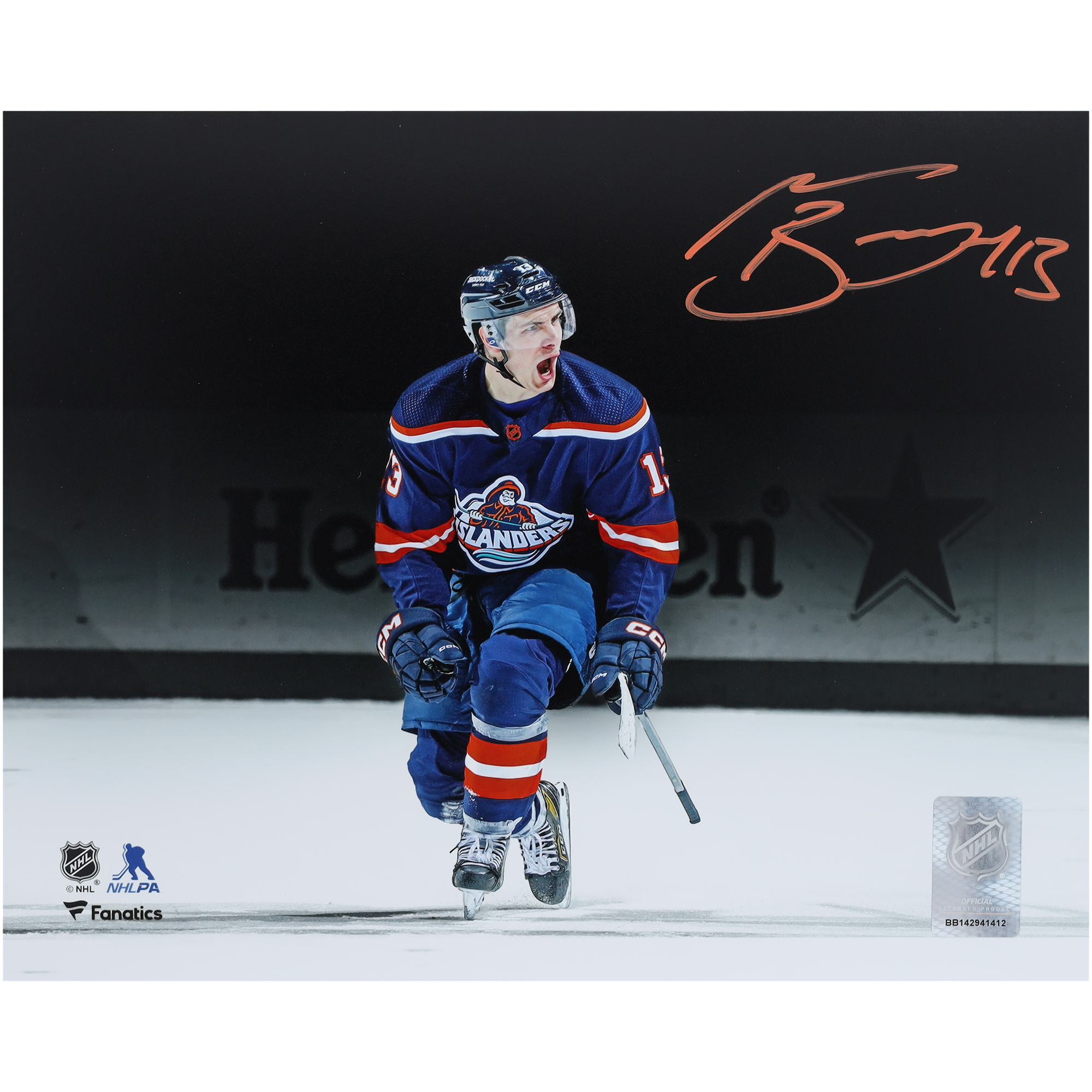 Mathew Barzal, New York Islanders, signiertes 8 x 10 Zoll großes Reverse-Retro-Celebration-Spotlight-Foto Image