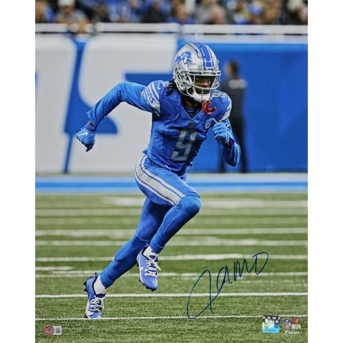 Autogrammfoto der Detroit Lions von Jameson Williams (16 x 20 Zoll) mit Laufroute im blauen Trikot