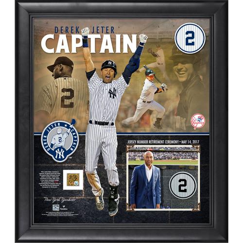 Gerahmte Collage aus dem Trikot-Ruhestand der New York Yankees von Derek Jeter, 15 x 17 Zoll, mit einer Kapsel aus beim Spiel verwendetem Schmutz