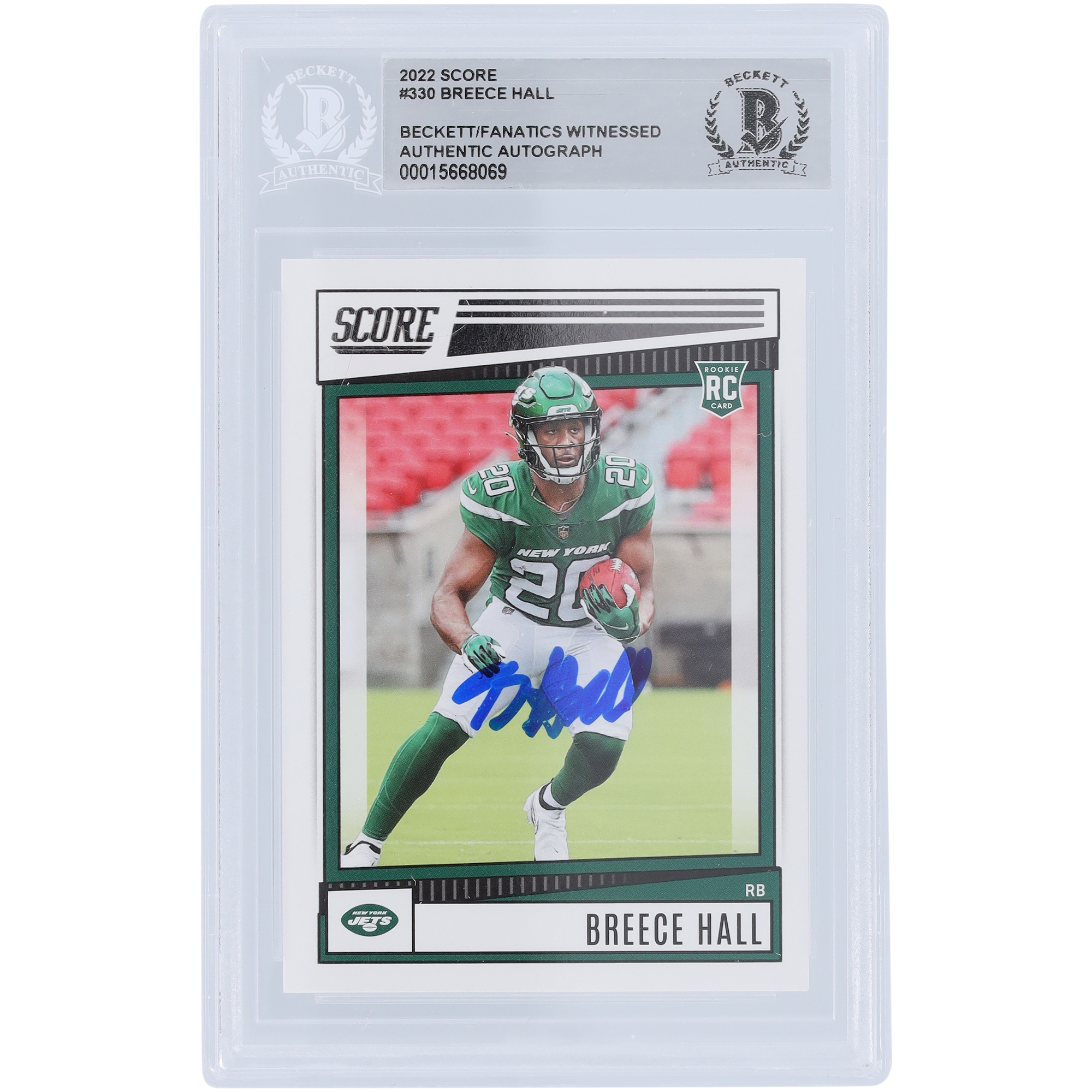 Breece Hall New York Jets 2022 Panini Score #330 Beckett Fanatics bezeugte authentifizierte Rookie-Karte Image