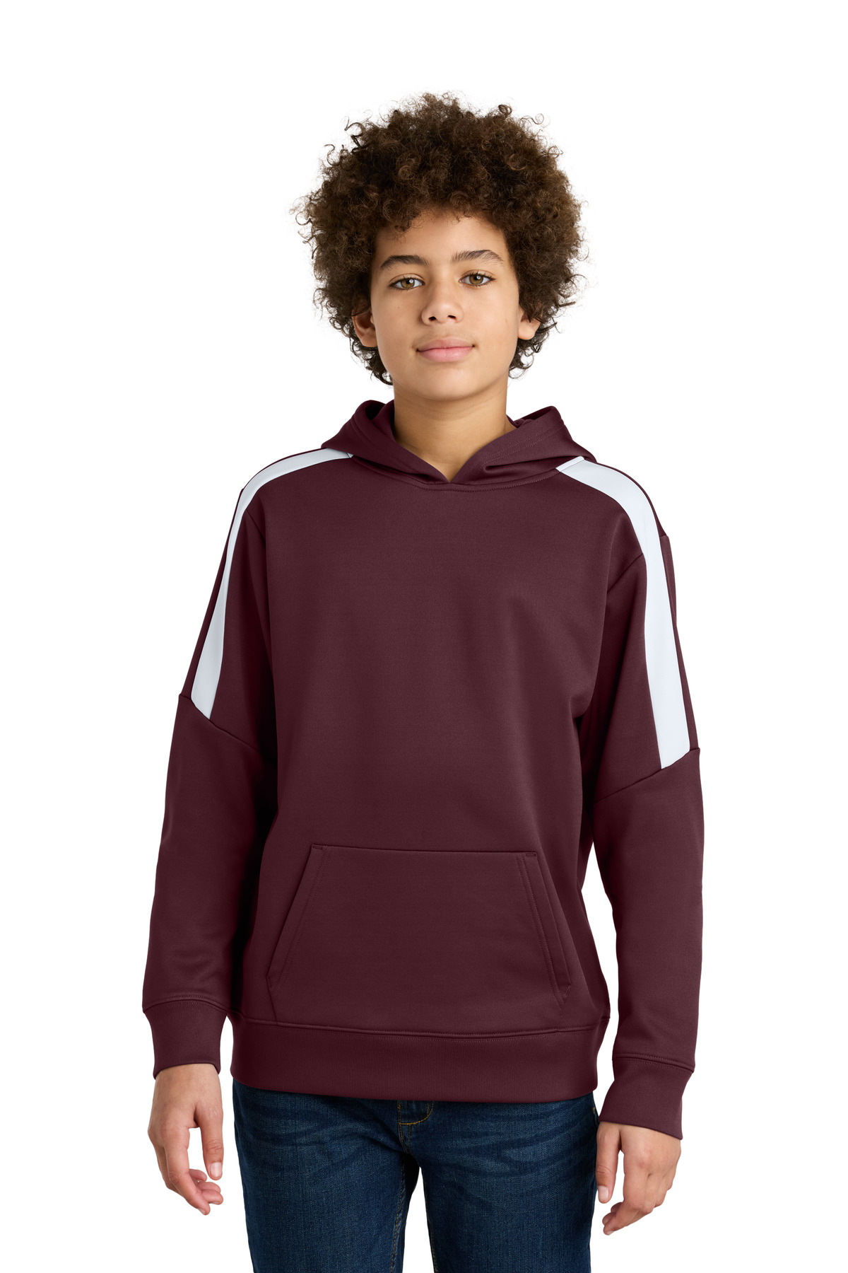 Sport-Tek YST255 Youth Sport-Wick Fleece United Pullover Hoodie in Maroon/White size Large | Polyester