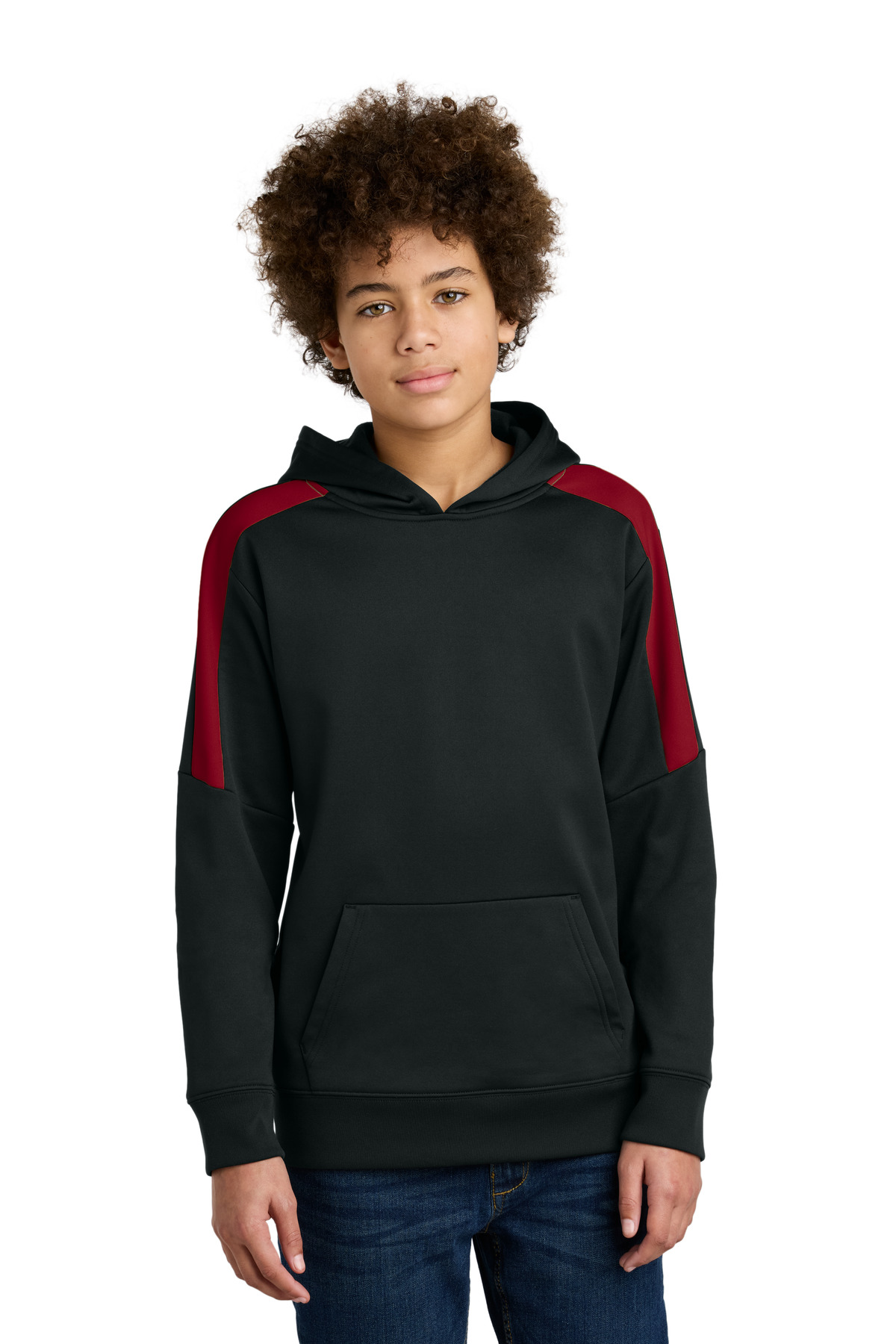 Sport-Tek YST255 Youth Sport-Wick Fleece United Pullover Hoodie in Black/Deep Red size XL | Polyester - Sport-Tek