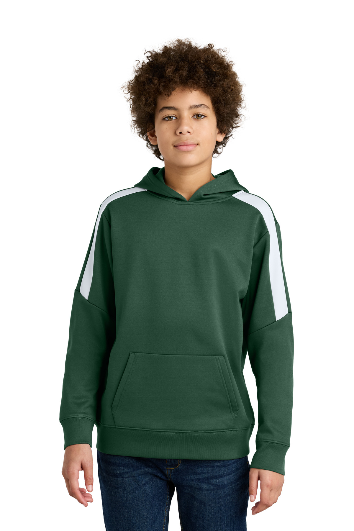 Sport-Tek YST255 Youth Sport-Wick Fleece United Pullover Hoodie in Forest Green/White size XL | Polyester