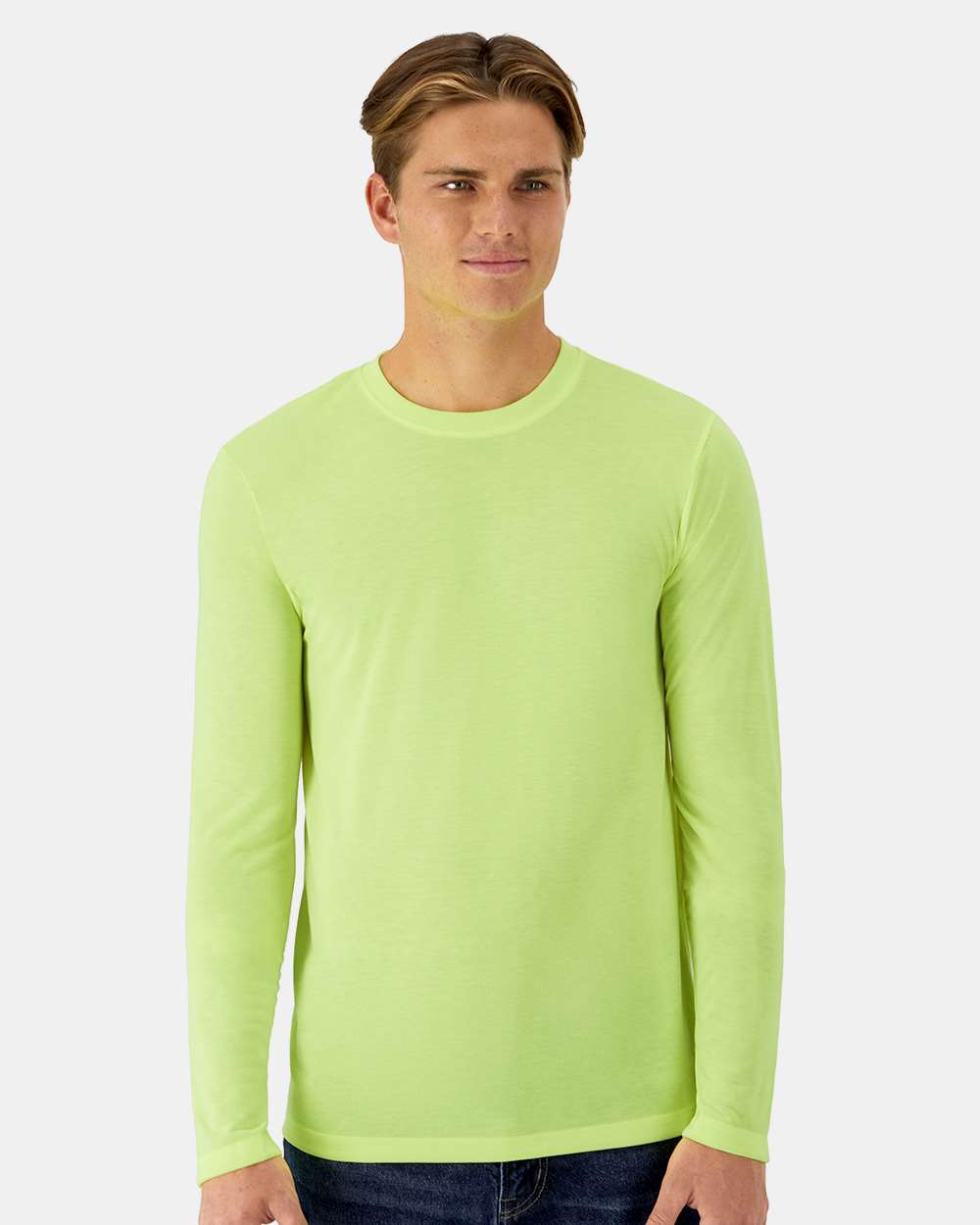Hanes 484L Cool-Dri Cotton Touch Long-Sleeve T-Shirt in Safety Green size Large | ring spun polyester jersey