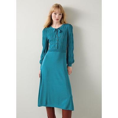 Susannah Dark Teal Tie Neck Pointelle Fit And Flare Dress, Teal