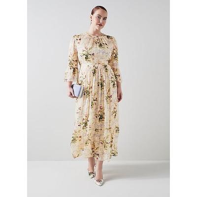 Lourdes Cream Meadow Scene Silk-Blend Devoré Maxi Dress, Cream