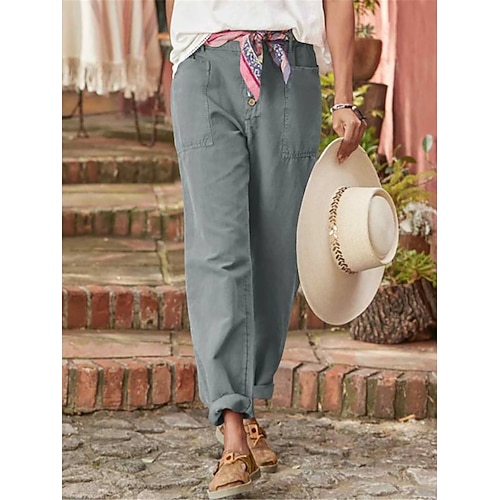 Damen Kunstbaumwollleinen Chinos Mode Streetwear Volle Länge Hohe Taille Einfach Tasche Elastischer Bund Bequem Weich Mikroelastisch Outdoor Straße Schwarz Rosa Grün Grau Frühling Herbst Normale Image