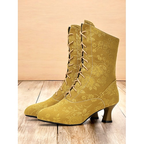 Damen Vintage Blumen Schnürstiefelette mit mittelhohem Absatz – elegante Jacquard Boots für den Retro-Style und besondere Anlässe Image