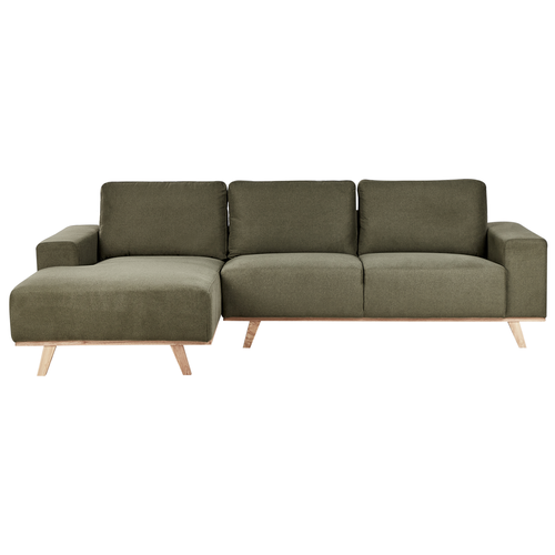 Ecksofa Grün Samt L-Förmig 3-Sitzer Sofa Rechtsseitig mit Polsterung Gepolstert Holzbeine Stoffsofa Modern Wohnzimmer Wohnecke Sitzecke Möbel