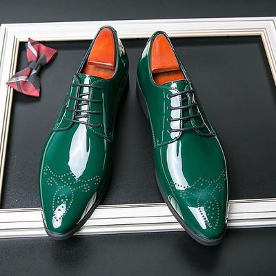 Men's Green Patent Faux Leather Dress Shoes – Glossy Lace-Up Formal Shoes for Weddings and Special Events