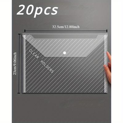 TEMU 20-pack Pvc Waterproof File Folders With Snap Closure - Durable Clear Plastic Document Bags For Office, School, And Home Organization