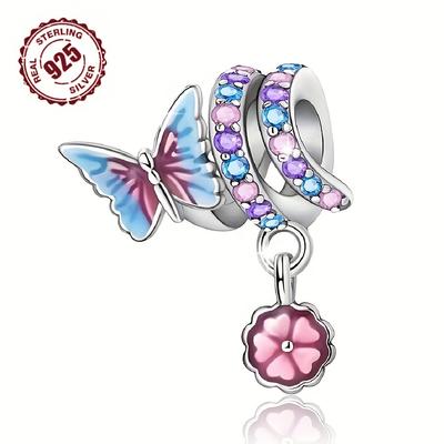 TEMU Elegant 925 Sterling Silvery Butterfly & Flower Charm Pendant With Sparkling Zirconia - Diy Jewelry Accessory For Bracelets And Necklaces, Perfect Gift For Birthdays & Holidays