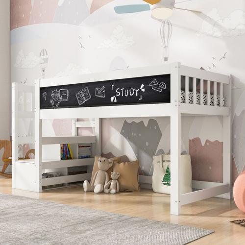 Kinderbett Hochbett mit Whiteboard und Tafel, Stauraum und Rausfallschutz 90x200 cm, weiß Hochbett