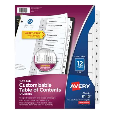 Avery 11140 Customizable TOC Ready Index Black and White Dividers, 12-Tab, Letter - Set of 12