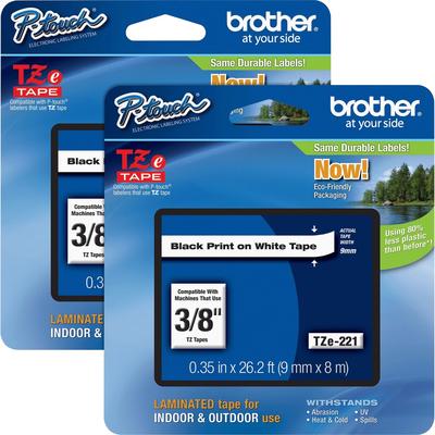 Brother TZE221BD Tape Cartridge, Laminated, f/P-Touch 8m, 3/8", 2/BD, Black/WE - Pack of 2